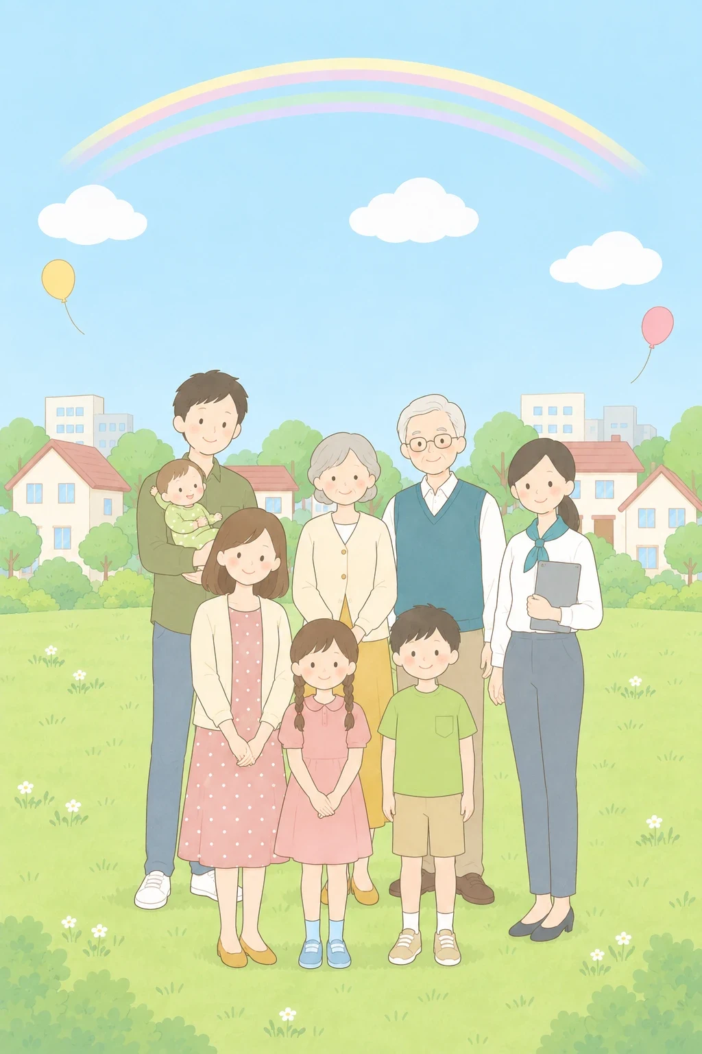 虹と空の下、家並みを背に家族が前後2列で並んで立っているイラスト（縦長）